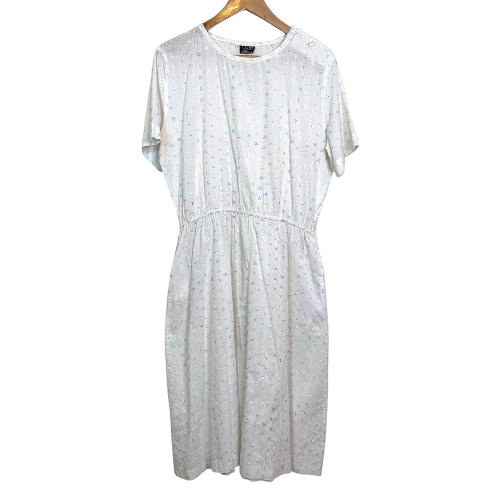 Lori of California by AM Casuals Vintage Size 16 Eyelet Pastel Embroidery Dress